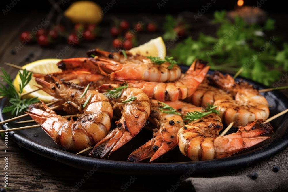 Grilled Seafood Delight: Spice up Your Palate with Delicious Skewered Shrimp and Prawn on The Iron Grill with Zesty Herbs and Lemon Grilled Seafood Delight: Spice up Your Palate with Delicious Skewered Shrimp and Prawn on The Iron Grill with Zesty Herbs and Lemon