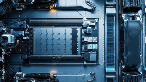 Aerial view of robotic assembly line for electric car batteries, showcasing advanced technology and automation in modern manufacturing environment