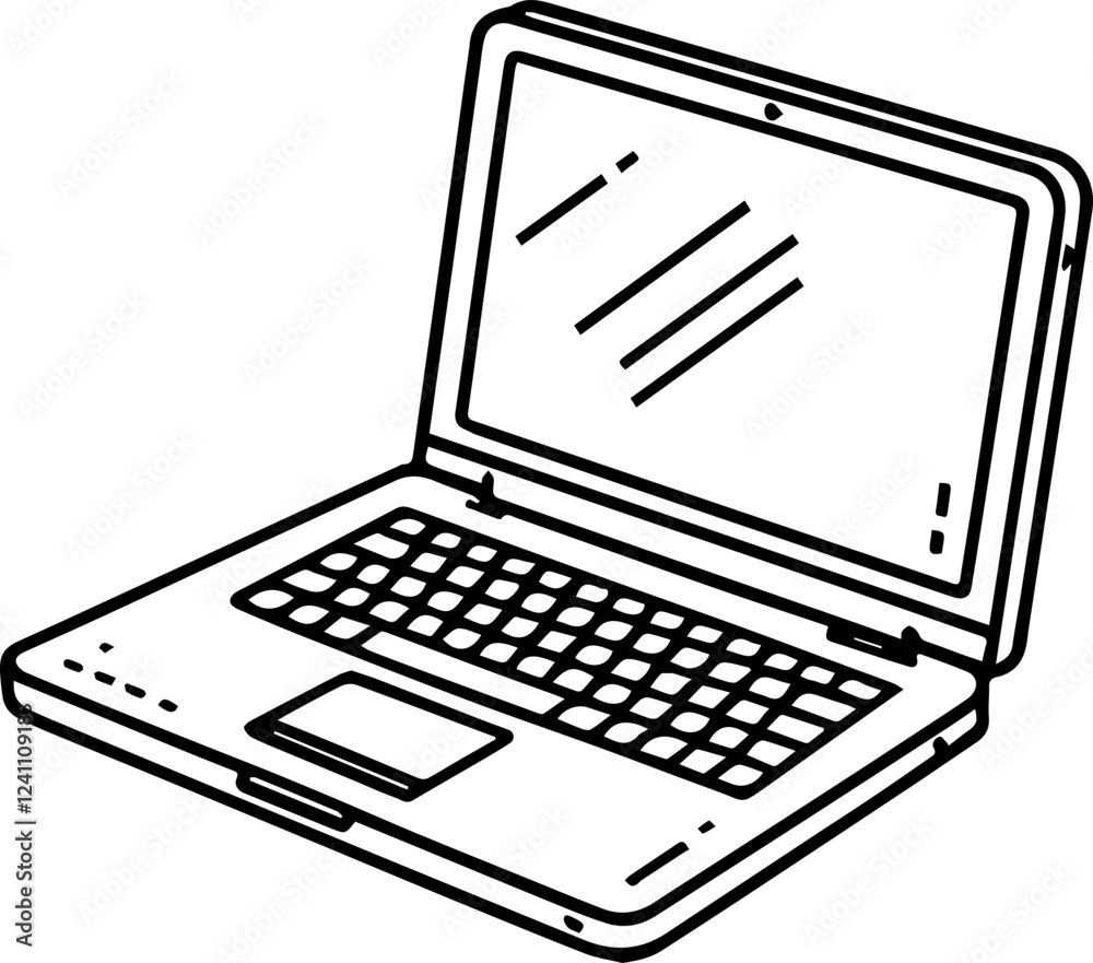Black and white illustration of laptop, computer, notebook in hand drawn style Black and white illustration of laptop, computer, notebook in hand drawn style