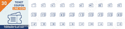 Ticket line icon set. Set of 30 outline icons related to ticket, coupon, voucher, discount, event, movie, concert, theater, circus and others. Editable stroke. Vector illustration.