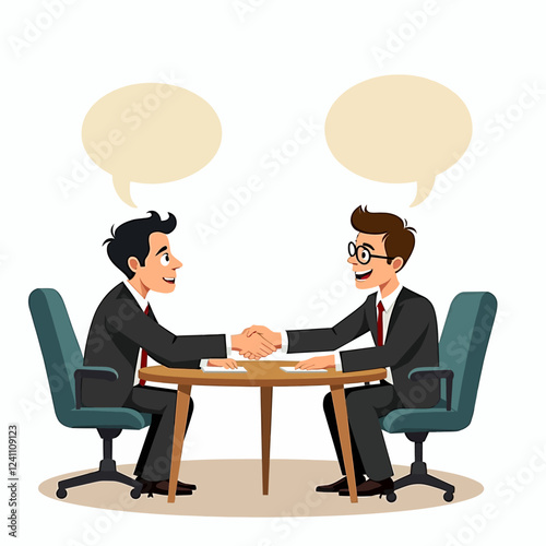 Talks at table, vector comic cartoon on a white background, a job interview, discuss important issues of a corporate, Young businessmen handshaking after negotiation, offering his partner