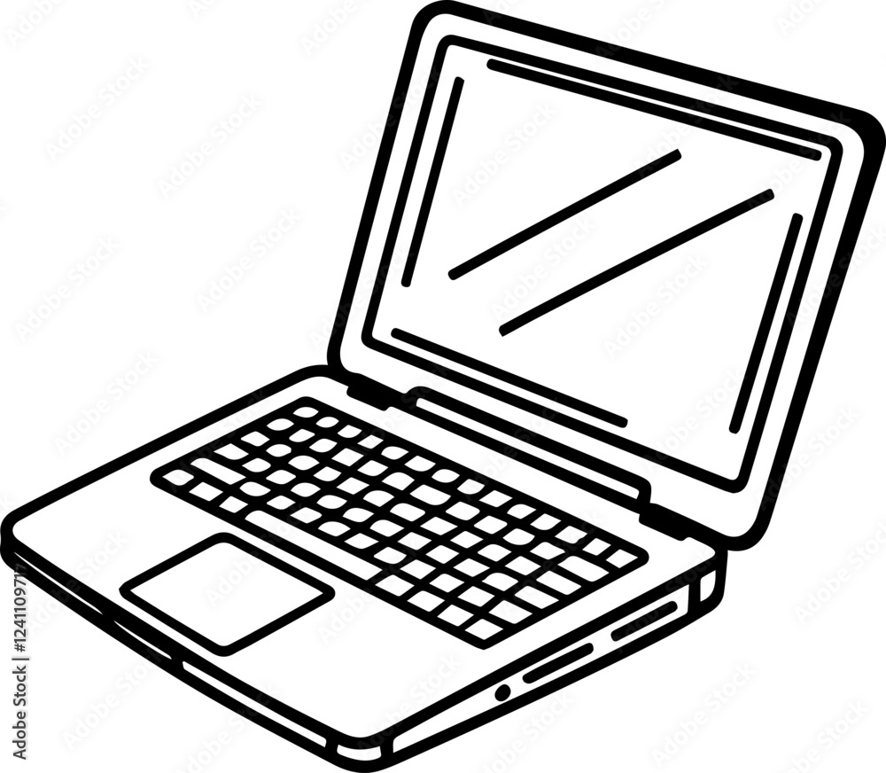 Black and white illustration of laptop, computer, notebook in hand drawn style Black and white illustration of laptop, computer, notebook in hand drawn style