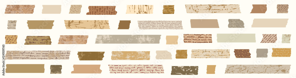 Vintage distressed washi tape, vector adhesive paper strips with hand drawn unreadable text, digital masking tape pieces with torn edges