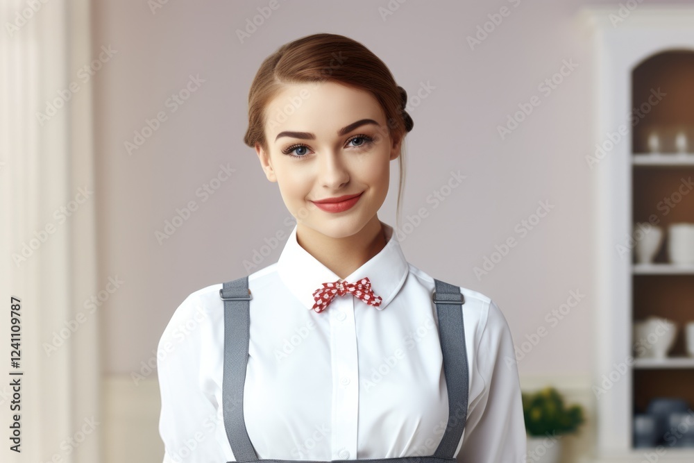 Happy Housekeeper in Apron - Close-up Portrait of Beautiful Young Adult Cleaning Professional with Empty Palm on White Background Happy Housekeeper in Apron - Close-up Portrait of Beautiful Young Adult Cleaning Professional with Empty Palm on White Background