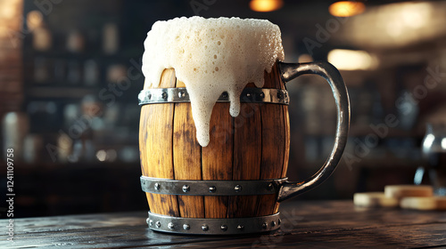 A rustic wooden beer stein with metal accents, overflowing with light beer foam.
