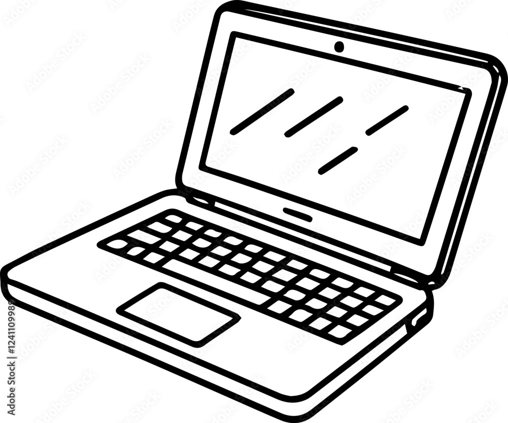 Black and white illustration of laptop, computer, notebook in hand drawn style Black and white illustration of laptop, computer, notebook in hand drawn style