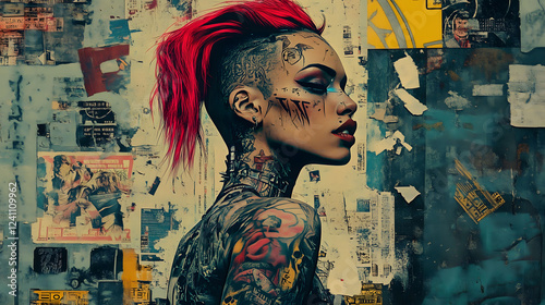 Striking Portrait of a Cyberpunk Individual With Vivid Tattoos and an Edgy Hairstyle in an Urban Environment. Generative AI