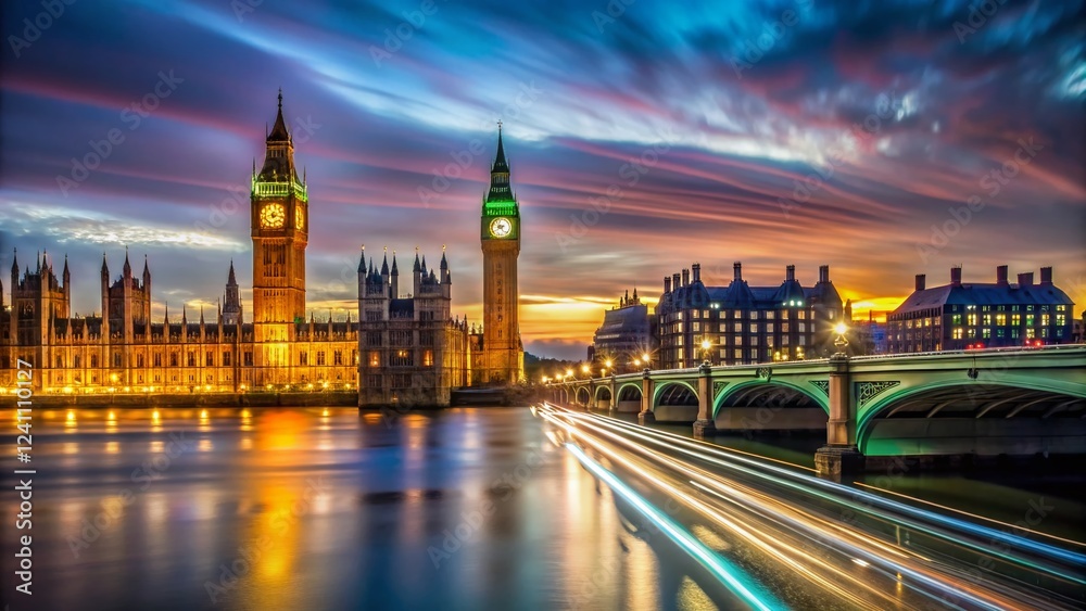Naklejka premium London Night Skyline: Big Ben, Illuminated Landmarks & Digital Shields