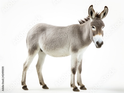 Headstrong Donkey Standing Proudly. Isolated Domestic Mammal in Dun Color on White Background. Ideal for Farm or Zoo Themes