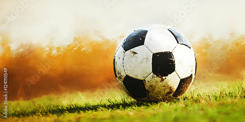 Used Soccer Ball on Grassy Field, Sunset Hues