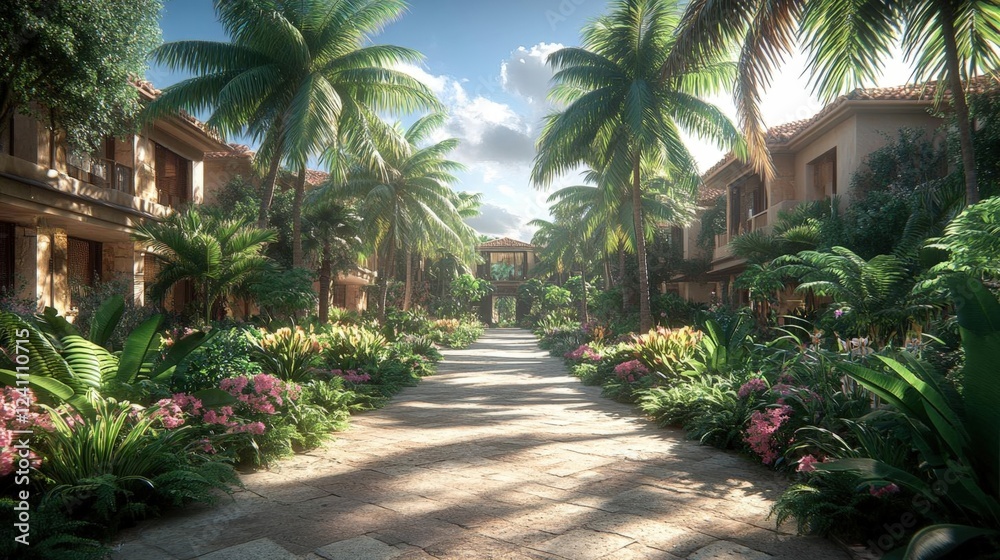 Sunlit Pathway Through Tropical Island Village