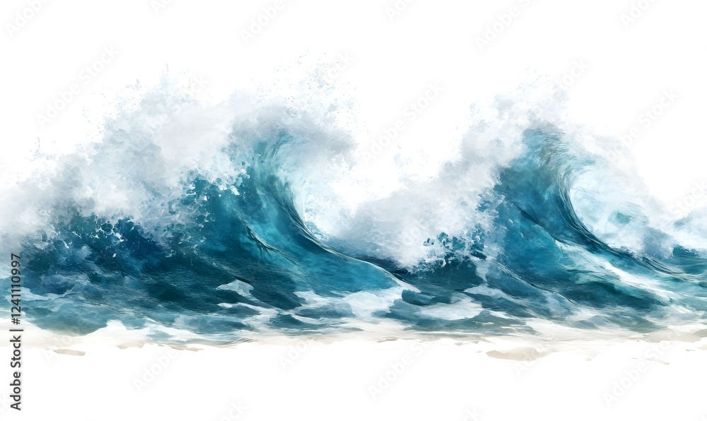 Ocean waves crashing on shore, white background, nature scene, website banner