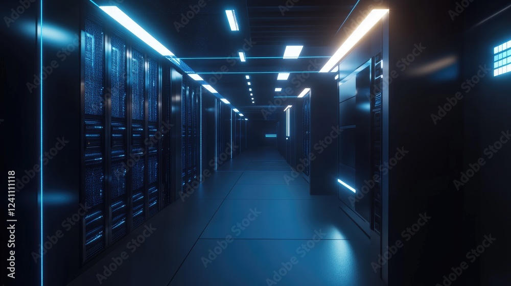A sleek 3D render of a futuristic server room illuminated by vibrant blue lights, showcasing rows of high-tech server racks. Ideal for technology, IT, or cybersecurity themes A sleek 3D render of a futuristic server room illuminated by vibrant blue lights, showcasing rows of high-tech server racks. Ideal for technology, IT, or cybersecurity themes