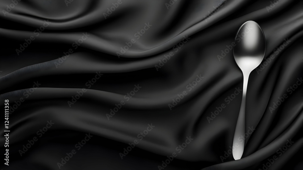 Fototapeta premium A sleek silver spoon rests elegantly on soft, dark fabric, creating a striking and refined visual composition.