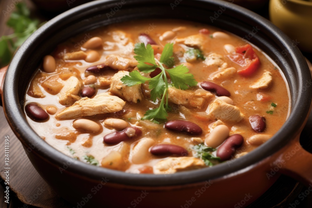 Hearty Chicken Chili Soup with White Beans and a Thick, Flavorful Broth. Perfect for a Delicious and Satisfying Lunch Hearty Chicken Chili Soup with White Beans and a Thick, Flavorful Broth. Perfect for a Delicious and Satisfying Lunch