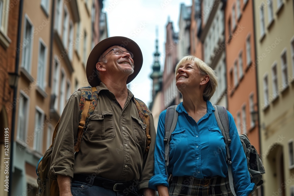 Fototapeta premium Joyful Summer Exploration A Happy Couple Relishing Their Vacation while Strolling through a Picturesque European Street in Sunshine, Creating Beautiful Memories Together with Love and Laughter
