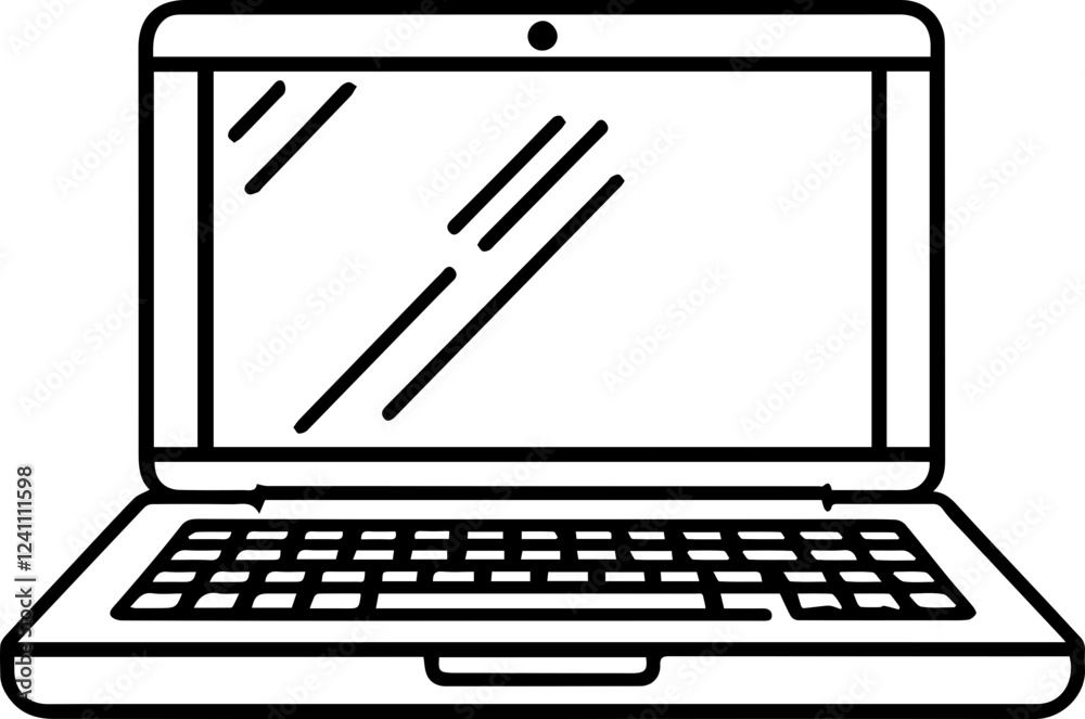Black and white illustration of laptop, computer, notebook in hand drawn style Black and white illustration of laptop, computer, notebook in hand drawn style