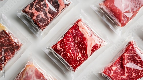 Vacuum-Packed Gourmet Meats with Intricate Marbling on White Background.