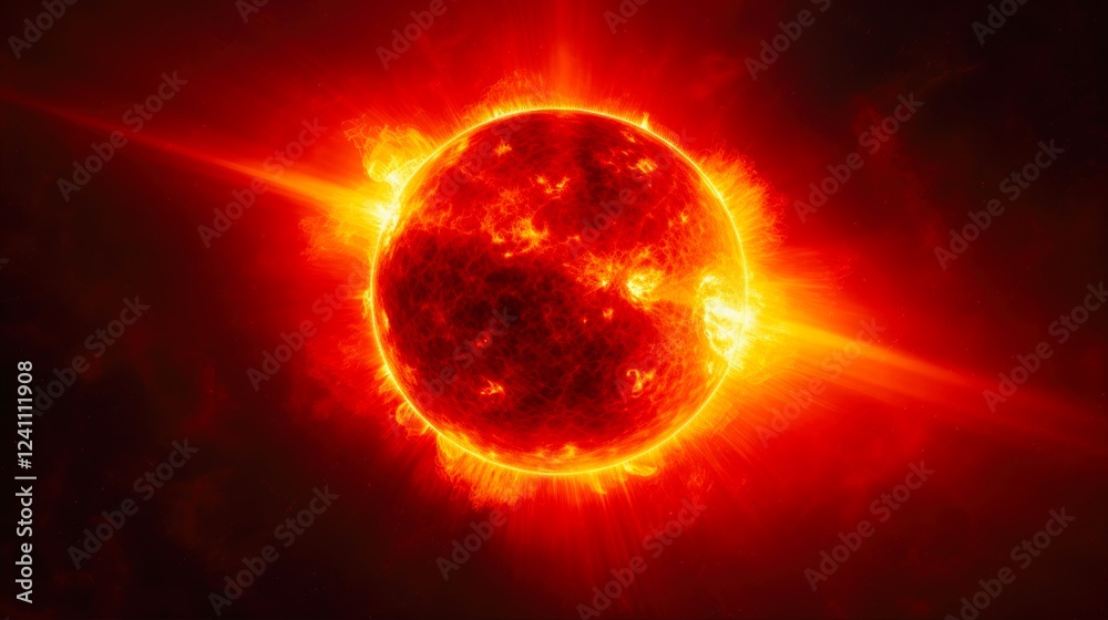 Fototapeta premium Highly Realistic Sun Surface with Solar Flares and Glowing Hydrogen Gas Power. Concept of Red Hot Earth Ball and Eco-Friendly Sunlight