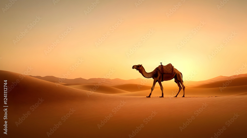 A solitary camel walking through vast golden sand dunes at sunset, embodying the beauty of desert landscapes. A solitary camel walking through vast golden sand dunes at sunset, embodying the beauty of desert landscapes.