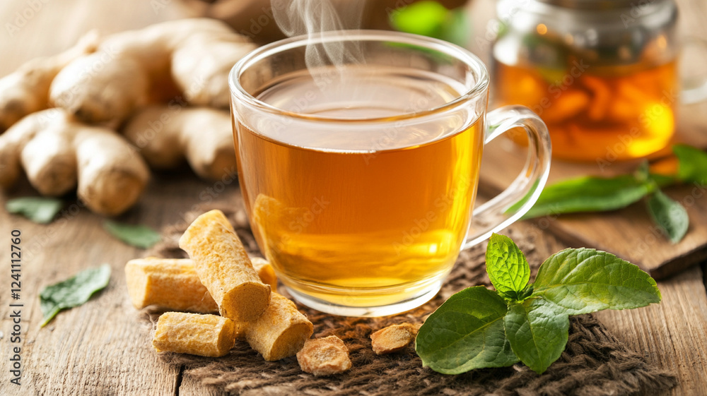 steaming cup of herbal tea with ginger and mint, evoking warmth and comfort steaming cup of herbal tea with ginger and mint, evoking warmth and comfort