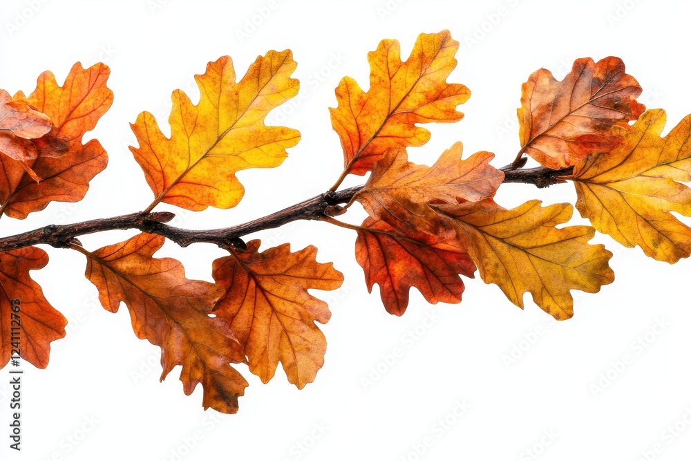 Fototapeta premium Oak leaves on branch colorful foliage in autumn isolated on white background
