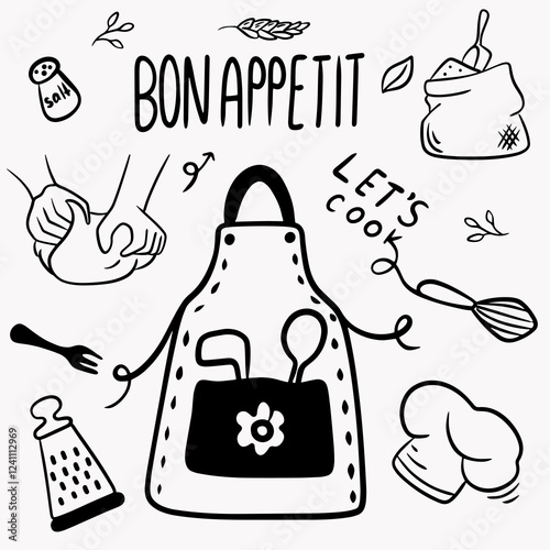 Elements for preparing food for cooking: chef's hat, bag of flour, fork, hands with dough, set of cutlery, grater, apron, salt, bon appetit inscription