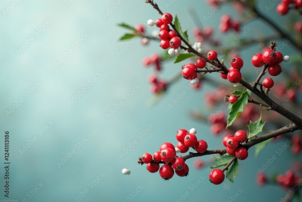 Fototapeta premium Decorated tree branch with red berries and white balls, decorative, branches