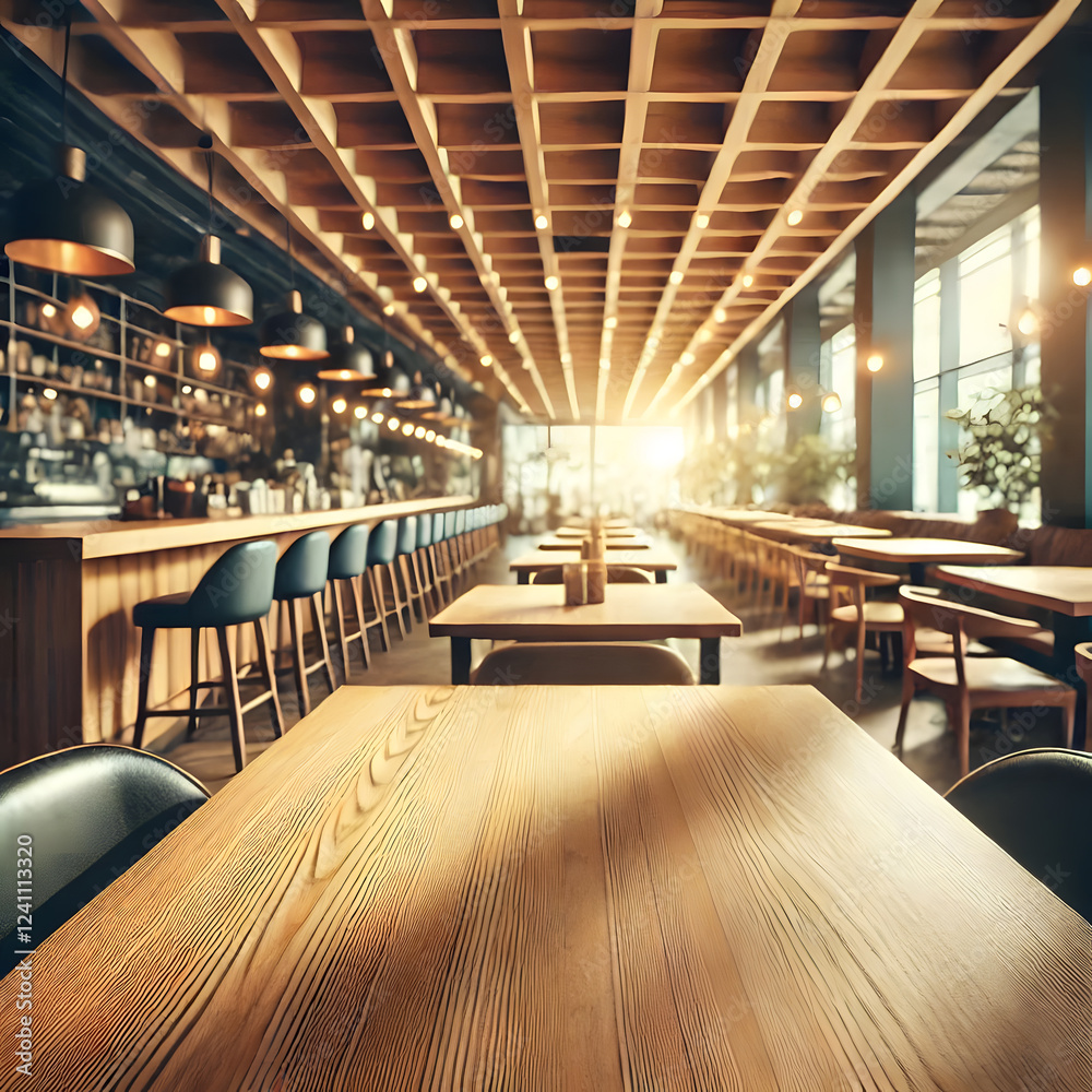 Wooden tables in a modern restaurant with a bar, high ceilings, and large windows with sunlight Wooden tables in a modern restaurant with a bar, high ceilings, and large windows with sunlight