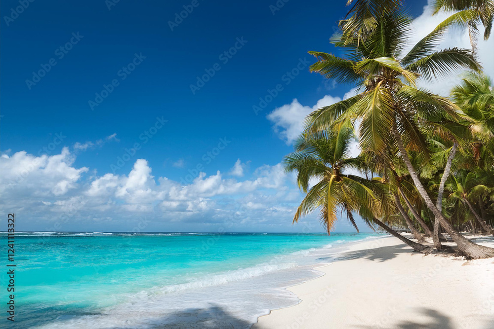 Fototapeta premium Sandy beach with coconut palm trees in the turquoise sea on Paradise island. Royalty high-quality free best stock of Panoramic beach landscape. Inspire tropical beach seascape horizon, Summer vacation