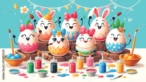 Egg Decorating Party, A group of anthropomorphic eggs with expressive faces painting and decorating themselves with bright patterns, bows, and glitter 