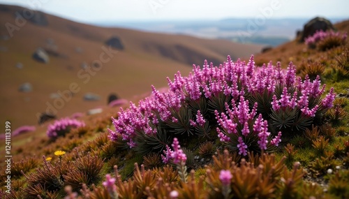 Fototapeta Naklejka Na Ścianę i Meble -  Dense heather clump with purple flowers on a mossy hill, heathland, landscape, brown