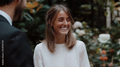 Smiling Woman in Elegant Dress Surrounded by Lush Greenery Outdoors
