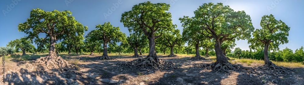 A panoramic view of majestic oak trees with expansive canopies and intricate root systems, bathed in bright sunlight, creating a serene and lush atmosphere in nature. A panoramic view of majestic oak trees with expansive canopies and intricate root systems, bathed in bright sunlight, creating a serene and lush atmosphere in nature.