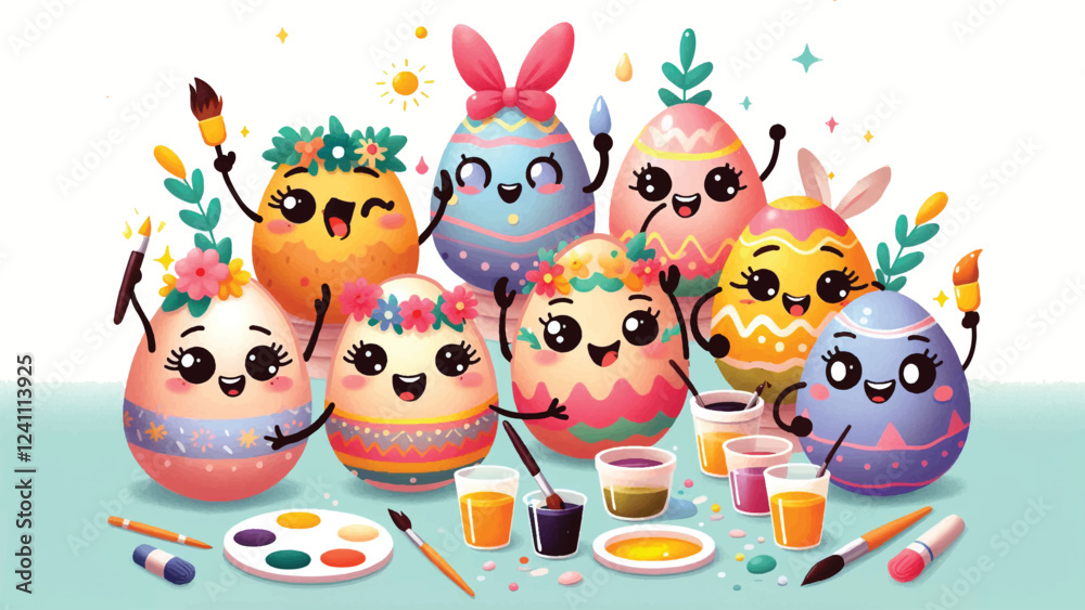 Egg Decorating Party, A group of anthropomorphic eggs with expressive faces painting and decorating themselves with bright patterns, bows, and glitter Egg Decorating Party, A group of anthropomorphic eggs with expressive faces painting and decorating themselves with bright patterns, bows, and glitter
