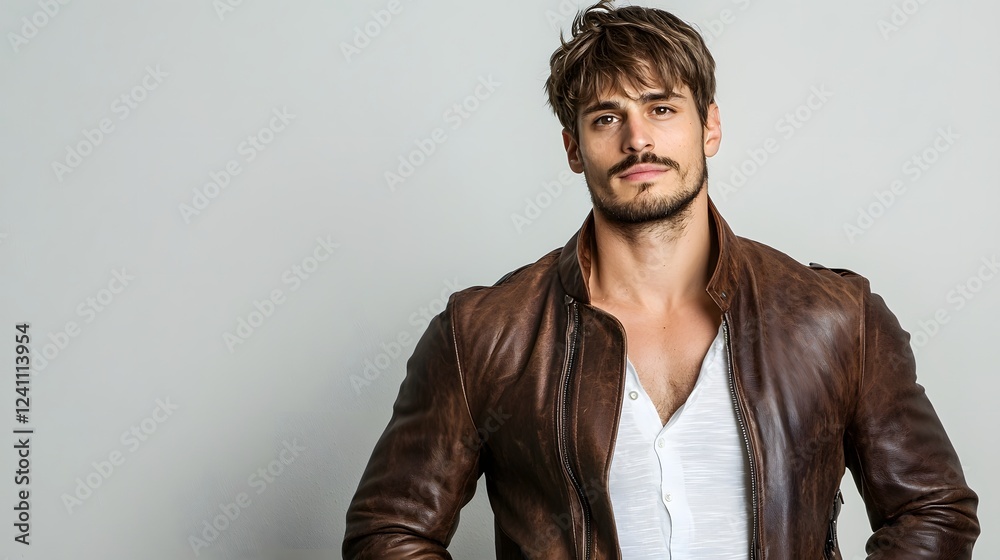 Fototapeta premium Confident and Stylish 30 Year Old Man Wearing a Brown Leather Jacket Standing Tall Against a Light Gray Studio Background with a Modern Polished Fashion Aesthetic and Sharp Lighting