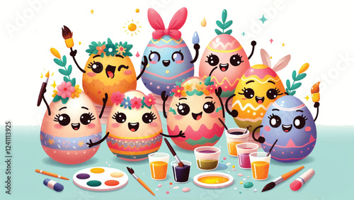 Egg Decorating Party, A group of anthropomorphic eggs with expressive faces painting and decorating themselves with bright patterns, bows, and glitter 