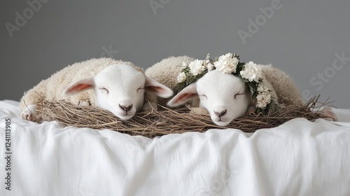 Two Adorable Lambs Resting Together in Cozy Nest with Flowers