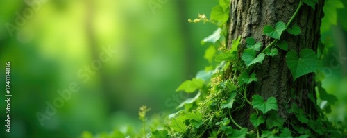 Green vines entwining a tree trunk and branches, with leaves and flowers emerging from the crevices, nature, ivy photo