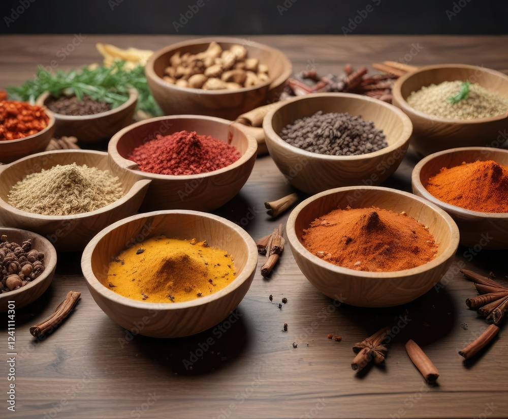 Handcrafted wooden bowls holding savory spices, artistry , artisanry, handmade