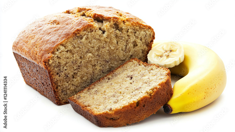 Freshly baked banana bread loaf with sliced piece and ripe banana Freshly baked banana bread loaf with sliced piece and ripe banana