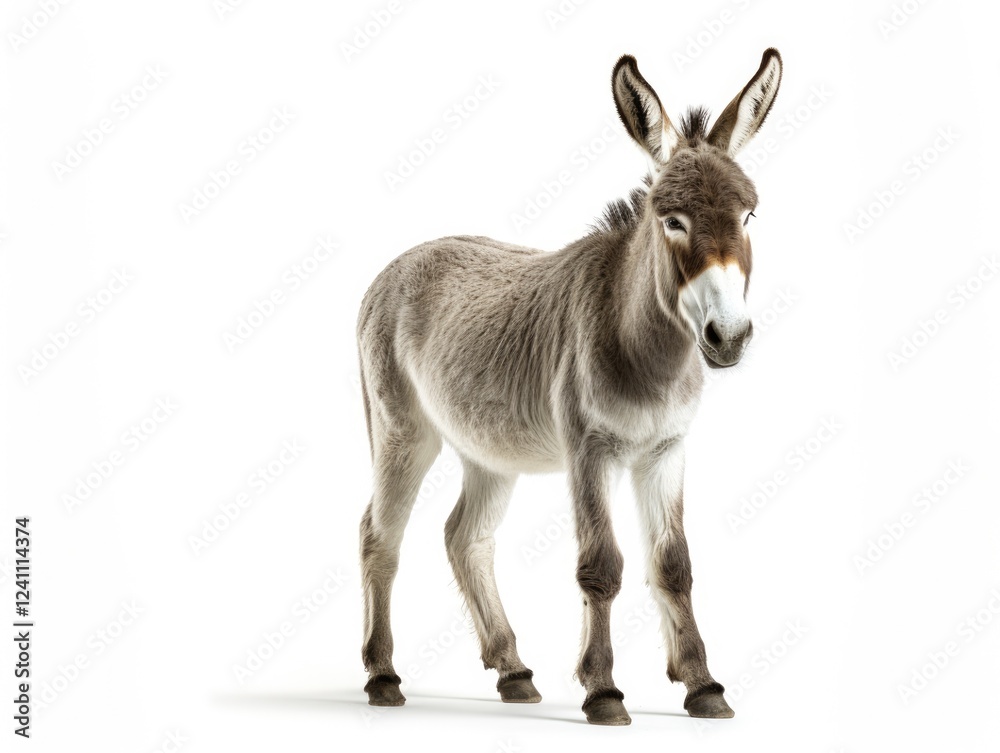 Fototapeta premium Isolated Donkey Standing Proud. A Headstrong Dun Farm Animal on White Background, Perfect for Domestic and Zoo Concept Designs