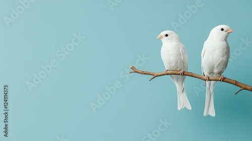 Two White Birds on Branch Against Soft Blue Background