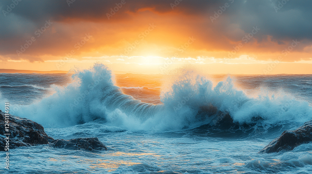 Fototapeta premium Waves crashing against rocks during a vibrant sunset at the ocean shore