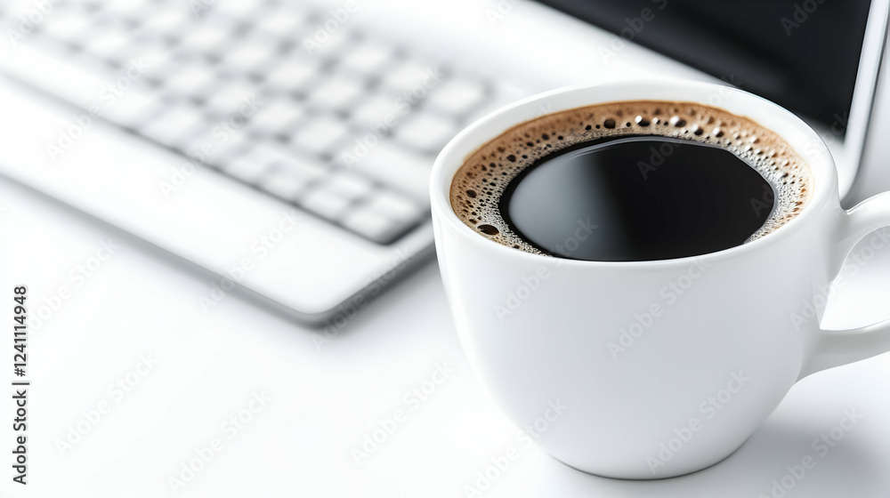 A steaming cup of black coffee sits beside a laptop on a white desk, perfect for a morning boost or afternoon break. A steaming cup of black coffee sits beside a laptop on a white desk, perfect for a morning boost or afternoon break.