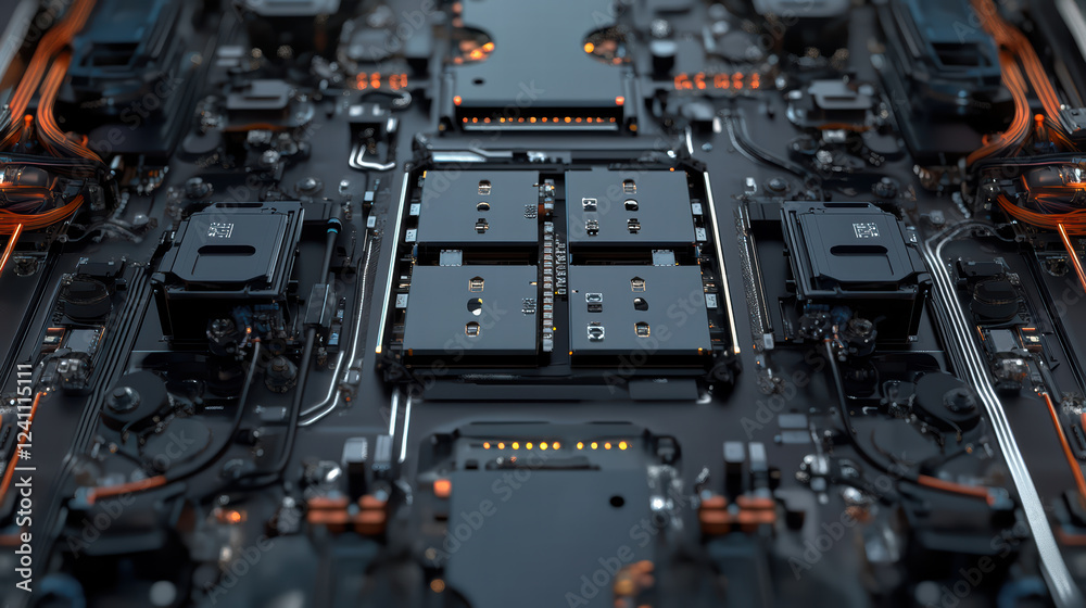 Fototapeta premium Close up of robotic assembly line featuring electric car battery components, showcasing intricate wiring and advanced technology. image highlights precision and complexity of modern manufacturing