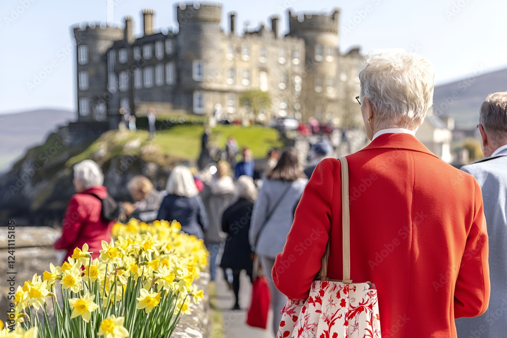 Fototapeta premium Elderly caucasian female in red coat visiting historic castle with daffodils in foreground, St. David's Day celebration