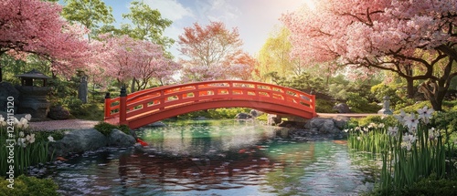 Cherry blossom bridge reflection japanese garden scenic landscape peaceful environment serene viewpoint nature's beauty