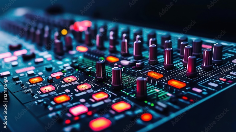 Close-up View of an Audio Mixing Console with Illuminated Controls Close-up View of an Audio Mixing Console with Illuminated Controls
