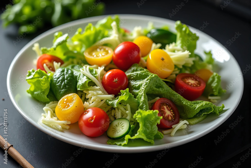 Fresh and Colorful Salad with Crisp Lettuce, Cherry Tomatoes, and Cucumber Slices on a Ceramic Plate Healthy Vegan Meal with Natural Lighting, Perfect for a Nutritious Diet and Food Photography Inspir Fresh and Colorful Salad with Crisp Lettuce, Cherry Tomatoes, and Cucumber Slices on a Ceramic Plate Healthy Vegan Meal with Natural Lighting, Perfect for a Nutritious Diet and Food Photography Inspir